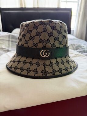 Gucci Blue Beige Monogram Bucket Hat with Black Leather Band